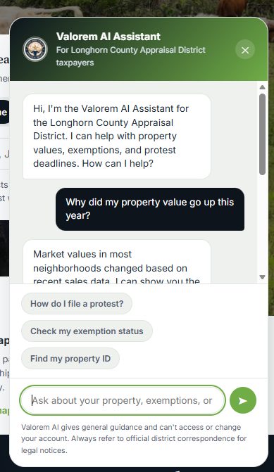 Valorem AI Assistant chat widget answering a resident's question about why their property value went up